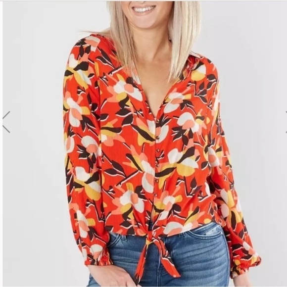 Billabong Clear Days Button Up Orange Tie Front Top - Picture 2 of 7